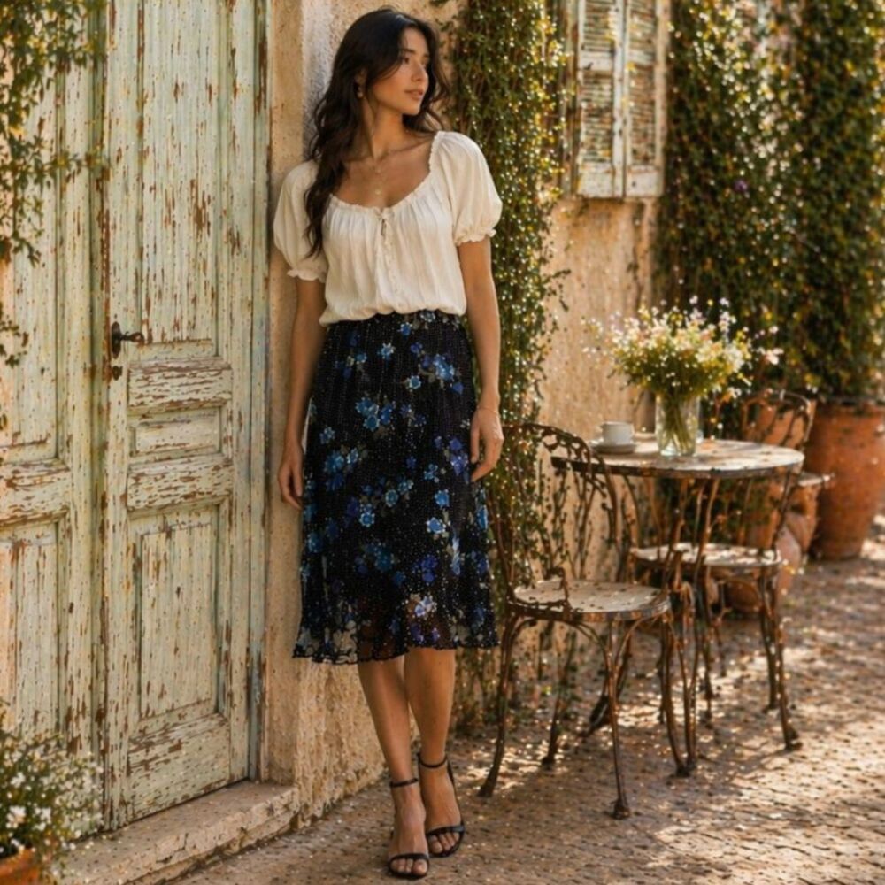 Notations Floral Polka Dot Hi-Low Midi Skirt Black Blue Size Large Chic